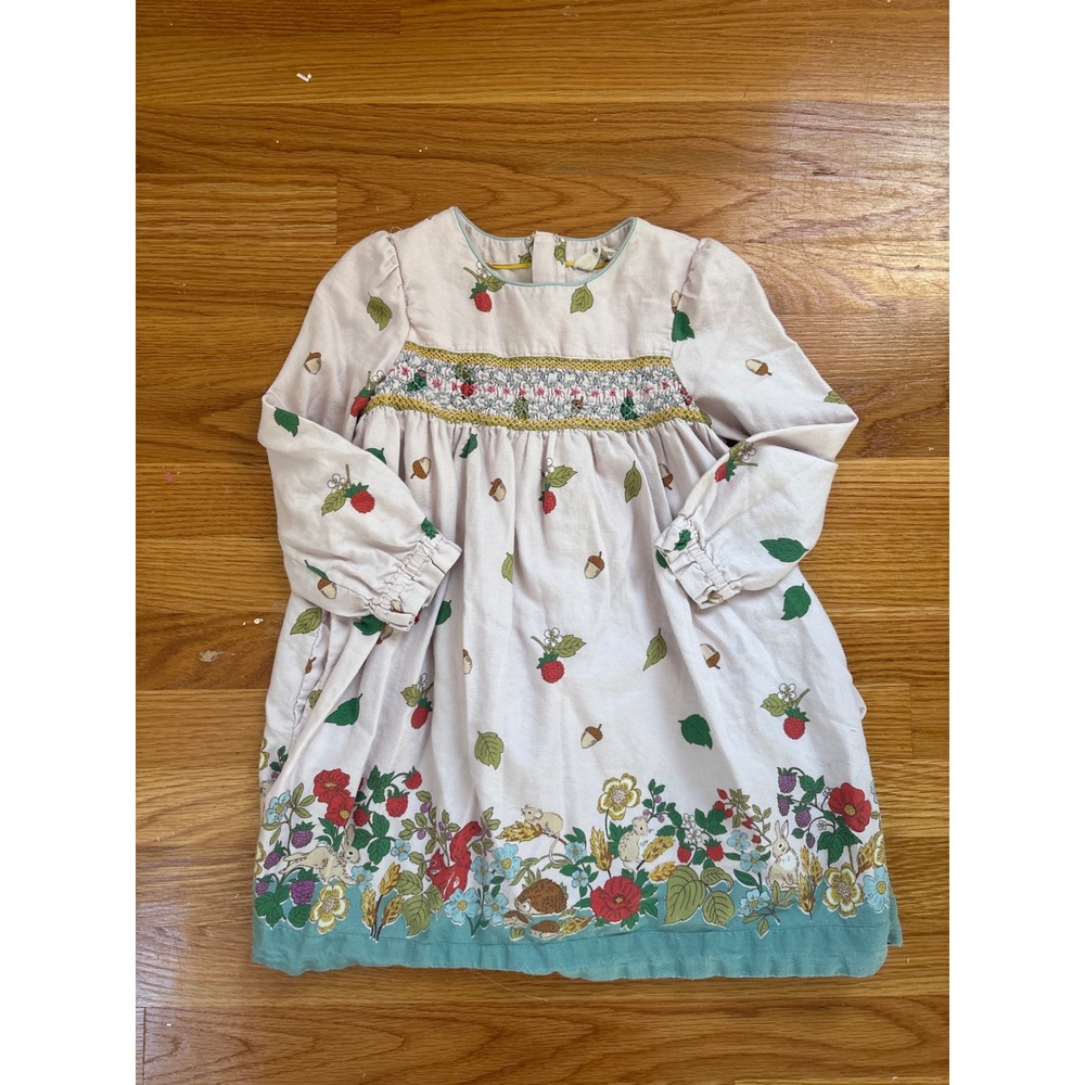 Mini Boden Girls Woodland Strawberry Smocked Twill Dress Pink 4-5Y Long Sleeve